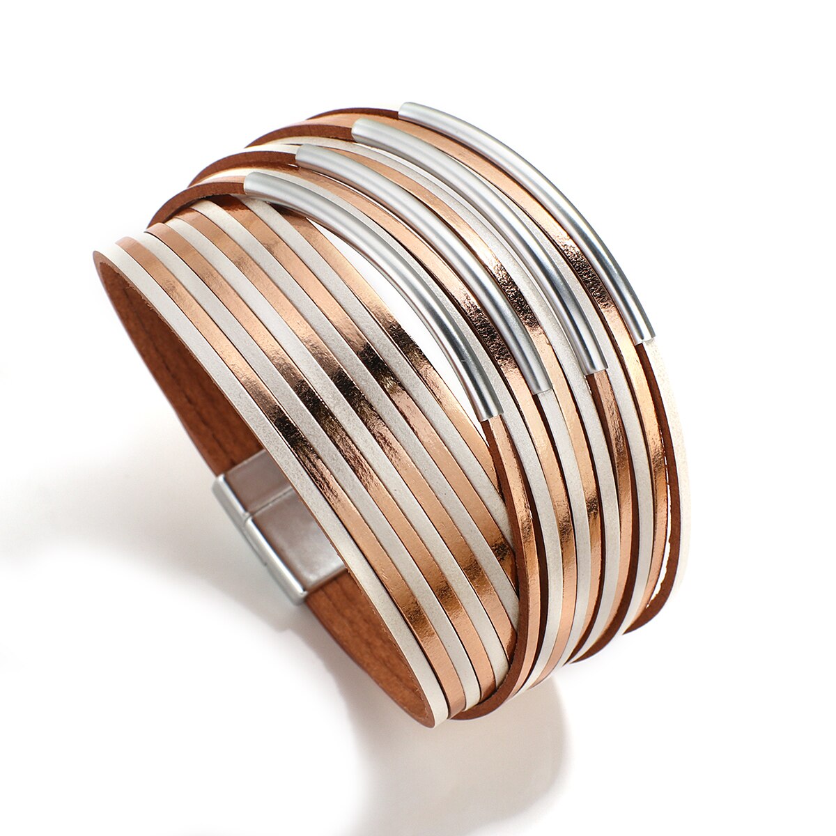 Allyes Eenvoudige Dubbele Kleur Slanke Strip Lederen Armband Voor Vrouwen Mode Metalen Buis Multilayers Wide Wrap Armband Vrouwelijke Sieraden: Champagne