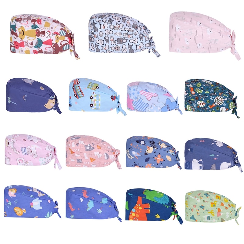 Dokter verpleegkundige katoenen werkmuts met zweetband verstelbare strik op de rug schattig cartoon dierenpatroon kalebasvormige bouffant scrub hoed h
