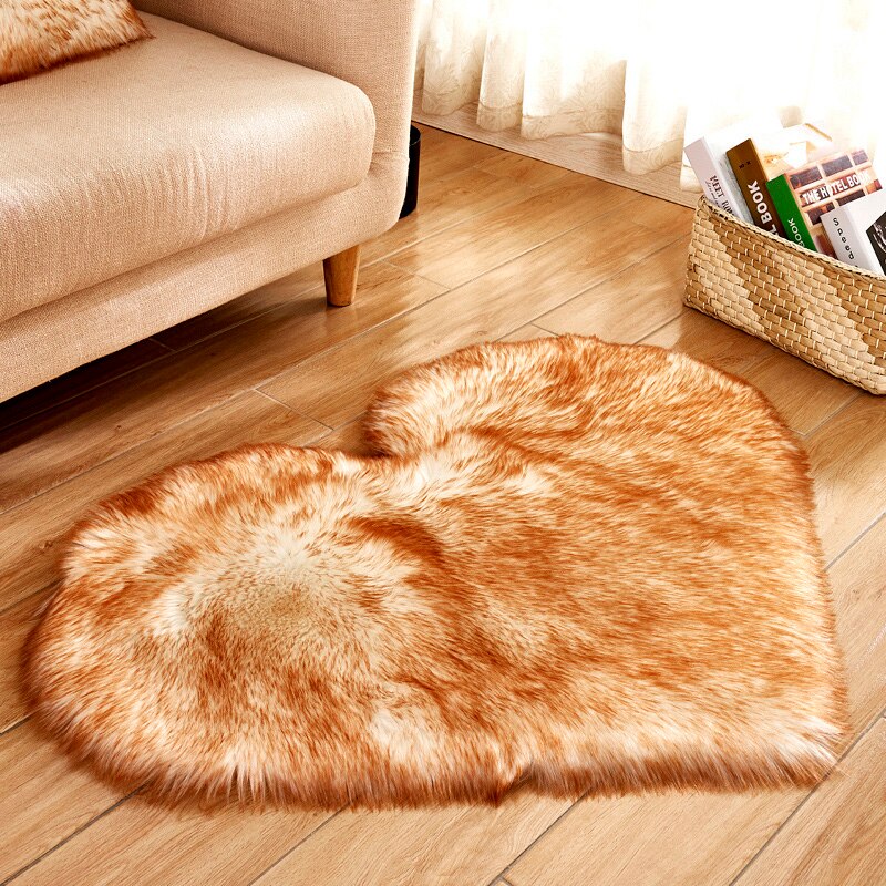 Alfombra peluda de piel de oveja Artificial, felpudo peludo de lana sintética, esponjoso, corazón de amor, alfombra sin pelusa para sala de estar, 30x30/40x50cm: 70X90cm / Yellowtiponwhite