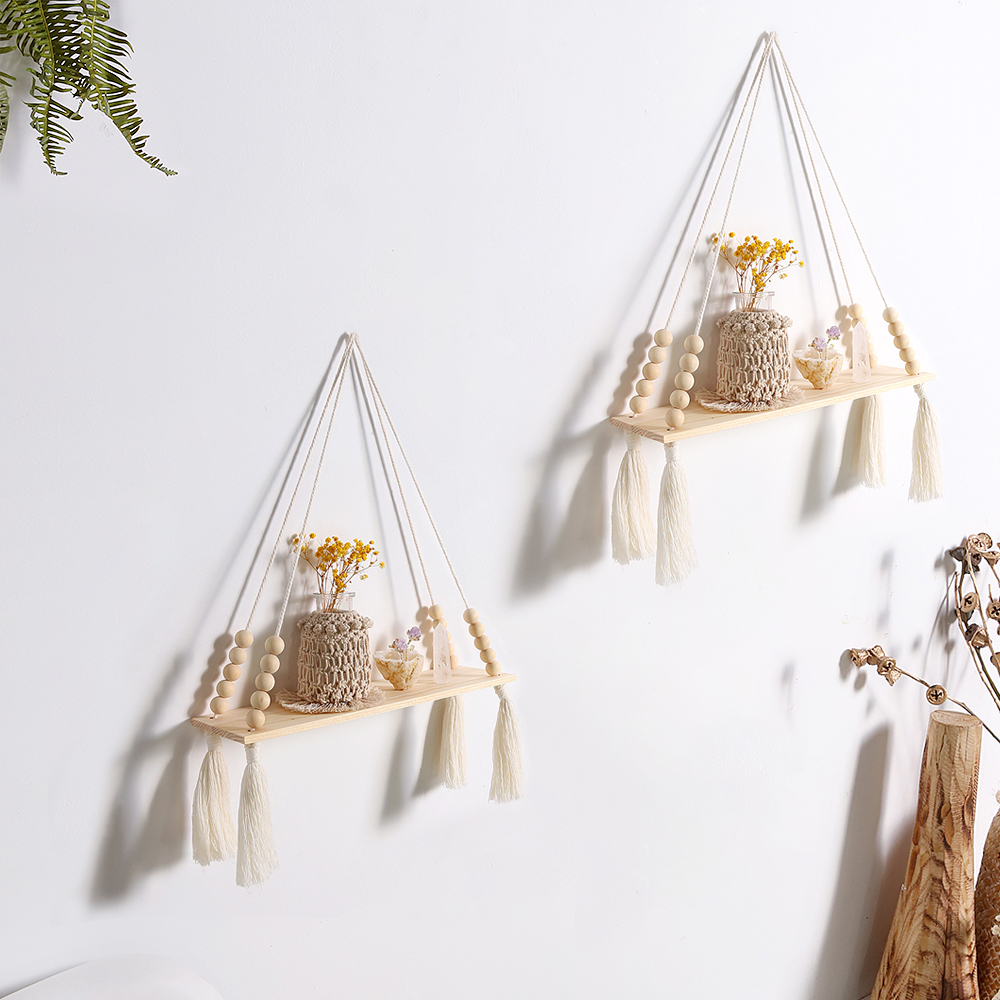 Macrame vegghengende hylle dusk tredekor vevd veggopphengsbretthyller for hjemmeinnredning soverom stue kakestativ
