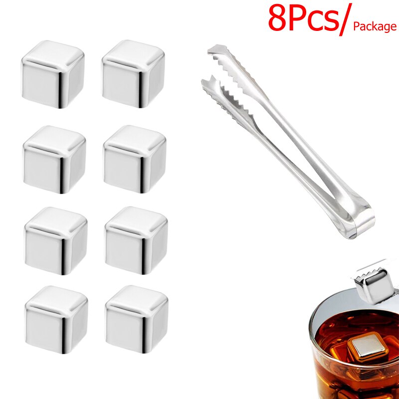 Stainless Steel Whiskey Stones Set Reusable Ice Cubes for Drinks Cocktail Shaker Whiskey Rocks Chilling Stones + Ice Tongs: 8 Pack With Tong