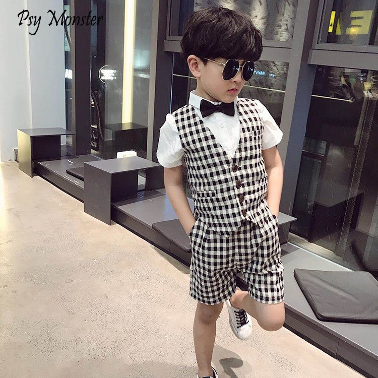 Ensemble de Costume formel à carreaux pour enfants, Costume de spectacle de fête pour garçons, Blazer et short, 2 pièces, été, automne