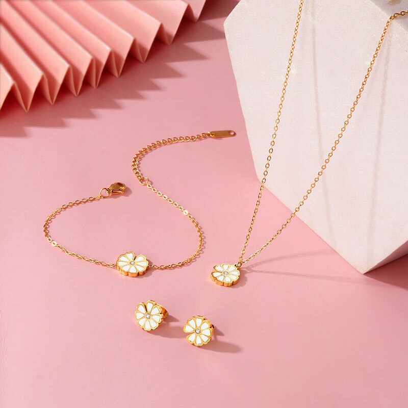 BICUX Stainless Steel White Shell Flower Jewelry Sets For Women Luxury Earrings/Necklace/Bracelet 2022