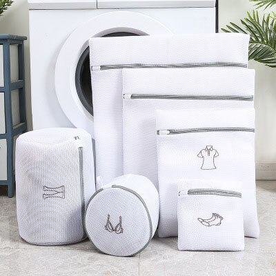 6pcs/Set Bathroom Embroidered Laundry Bag Household Washing Machine Storage Mesh Bag Thick Korean Wash Bag Laundry Tools: White-6pcs