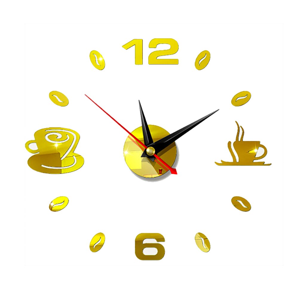 Reloj de pared grande sin marco, reloj gigante de pared, moderno, café, taza, café, decoración de pared, cocina,: Gold