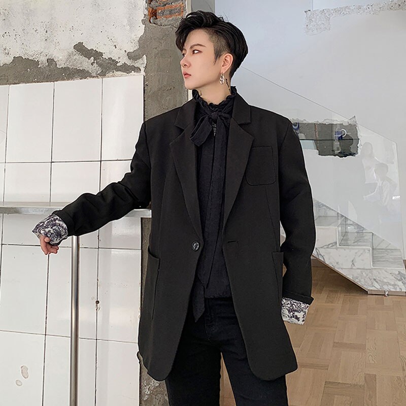 Menn blazer jakke årgang skrive ut fôr løs uformelt kjole kåpe mann streetwear elegant stil hofte hopp kjole frakk yttertøy