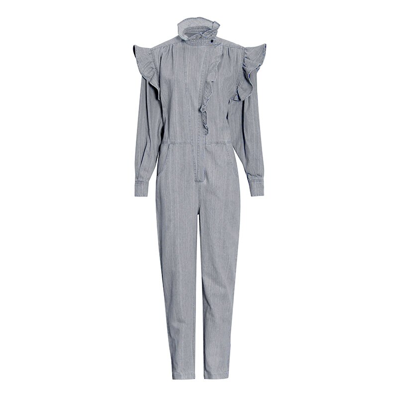 Twotwinstyle patchwork ruche jumpsuit voor vrouwen opstaande kraag lange mouwen wijde pijpen casual losse jumpsuits dames: Grijs / S