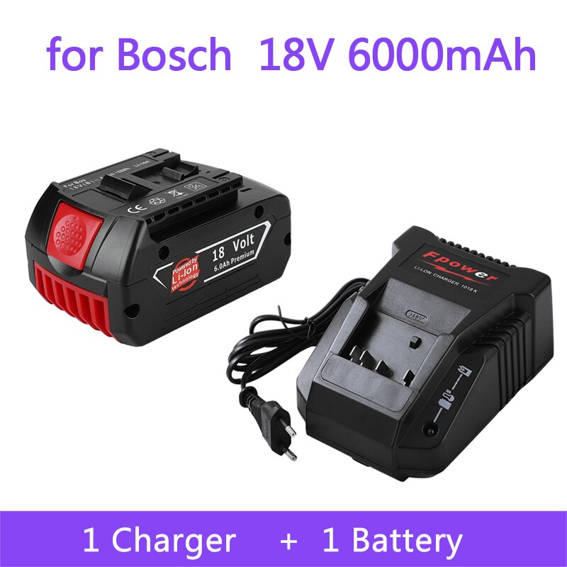 18V Batterij 6.0Ah Voor Bosch Elektrische Boor 18V Oplaadbare Li-Ion Batterij BAT609, BAT609G, BAT618, BAT618G, BAT614 + 1 Lader: 1pcs Battery1