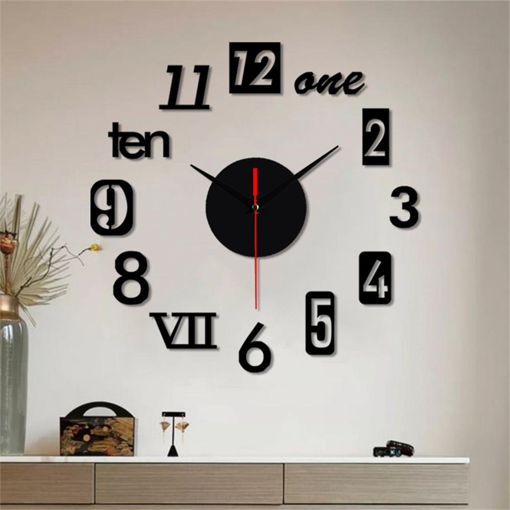Frameless DIY Wall Mute Clock 3D Mirror Surface Sticker Home Office Decor CD: Black
