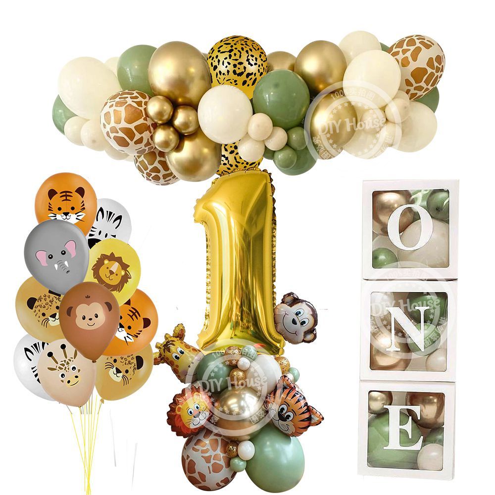 Wild Dieren Ballon Toren met Gouden 1-9 Nummer Ballon voor Jongen Jungle Safari Verjaardagsfeestje Decoratie Bos Party Supply