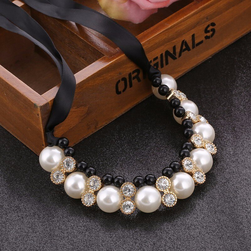 KMVEXO Imitation Pearl Chokers Necklace White Black Beads Rhinestone Ribbon Necklaces&Pendants Statement Necklace For Women