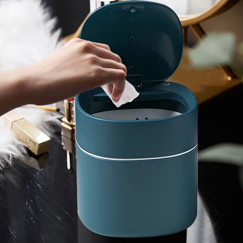 Mini Trash Can Desktop Waste Bin with Press-Open Lid Small Table Top Bin Graceful Round Corner Paper Bin for Home