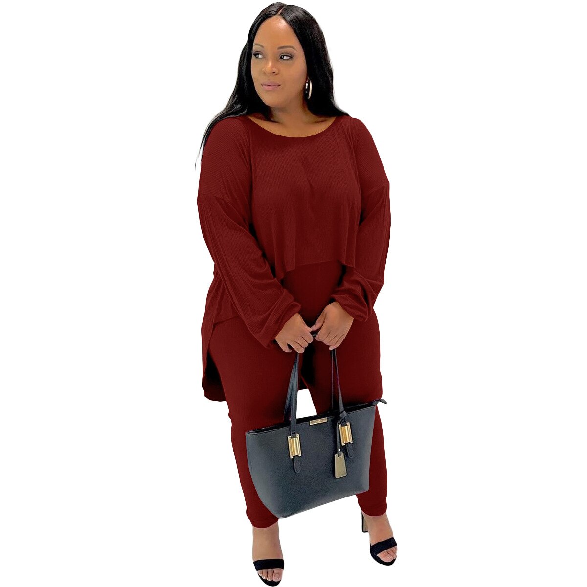 Plus Size Casual Ribbels Loungewear Solid Vrouwen Tweedelige Set Losse Lange Mouwen Ronde Hals Onregelmatige Shirt Bijpassende Pak Pyjama: burgundy / Xl