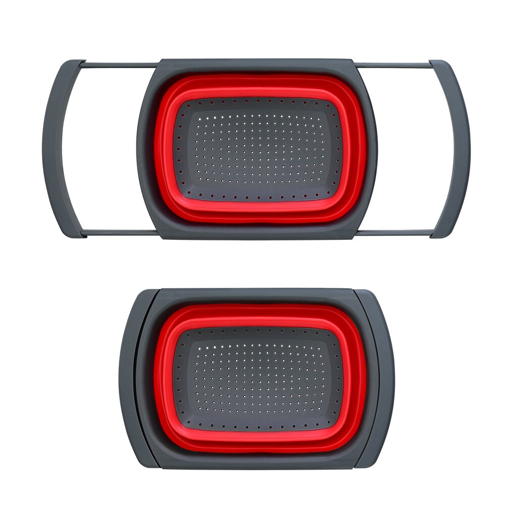 Square Silicone Collapsible Over The Sink Retractable Colander With Handle Kitchen Folding Strainer Bowls Drain water filter bas: Red