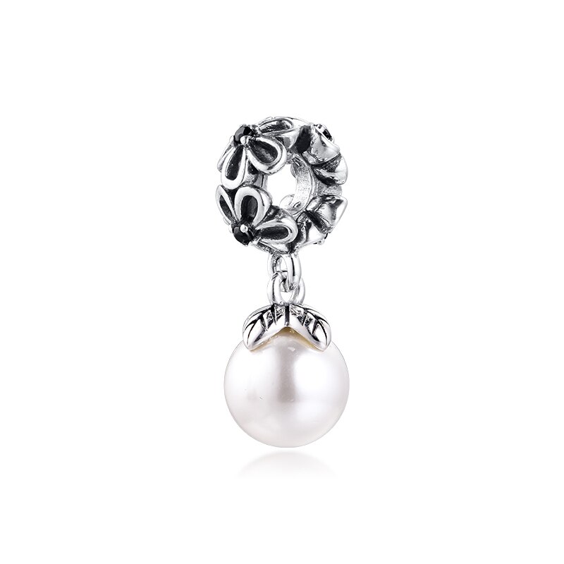 Beads fits for Necklaces Bracelets 100% 925 Sterling-Silver-Jewelry White Pearl Hanging Dangle Charms