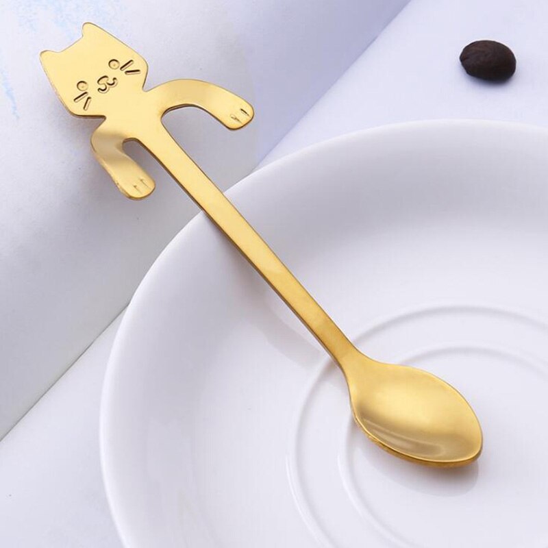 Mini Coffee Spoon Tea Spoon 304 Stainless Steel Kitty Cat Gold Teaspoon Tableware Dessert Long Spoon Handle Dinnerware: Y107-3 / Long