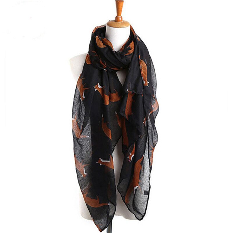 YGYEEG Women Fox Scarf Voile Girl Long Cute Fox Print Scarf Wraps Shawl Soft Scarves Female Cute Tippet Foulard Cachecol Shawl
