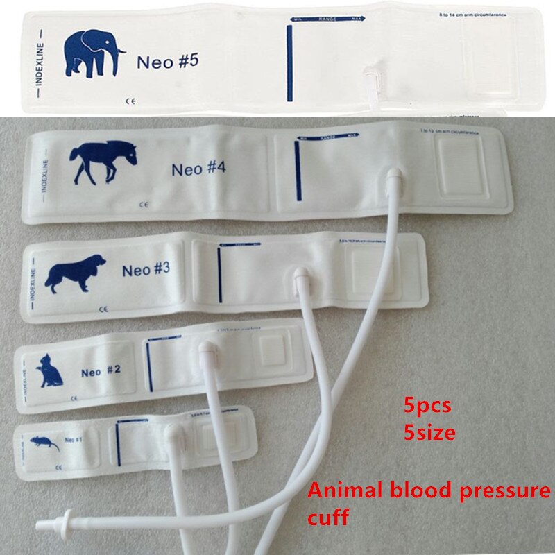 Veterinær blodtryksmanchet til patientmonitor alle størrelse elefanthest hund kat og mus til små dyr med enkelt rør: Fuldt sæt 5 stk