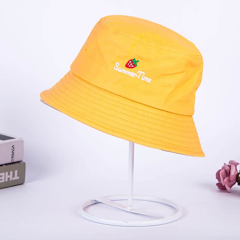 Bonito bordado de fresa con letras para chica, sombrero de pescador para mujer, y plegable, a la para actividades al aire libre, gorro de lavabo, gorro de sol, gorros