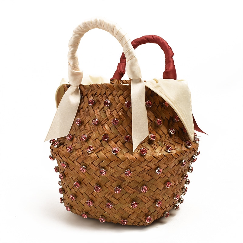 Woman Vacation Bag Embellished Straw Bag Ladies Woven Seaweed Bucket Diamond Bag Pearl Handbags