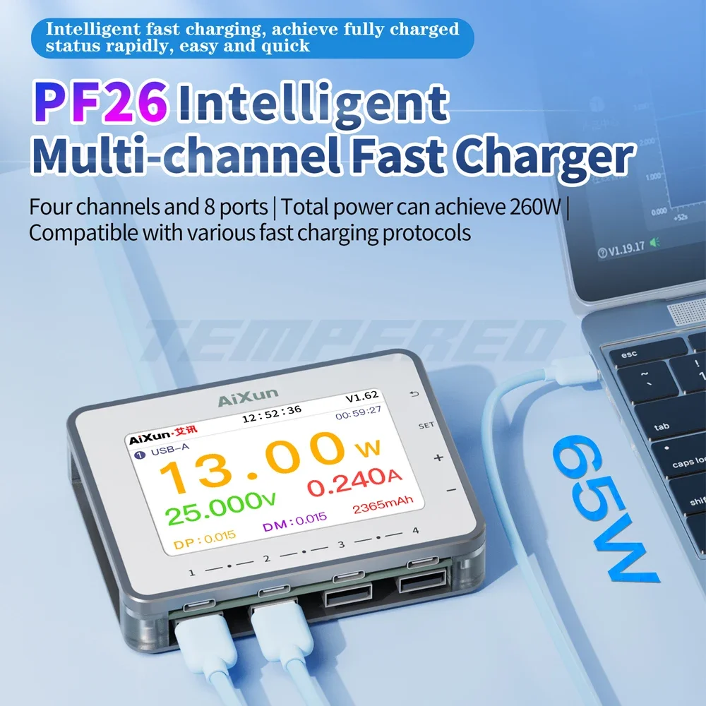 JCID AIXUN PF26 Intelligentes Mehrkanal-Schnellladegerät, 8-Hafen-USB-Digitalanzeige, Blitz QC 3.0, 260 W, SchnellladestationHub