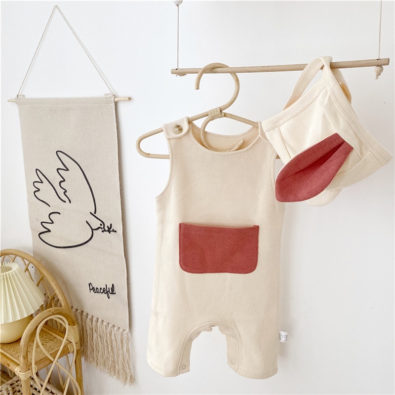 EnkeliBB Korean Baby Boys Spring Summer Romper With Hat Lovely Cotton Infant Boys Sleeveless Onesie With Pocket