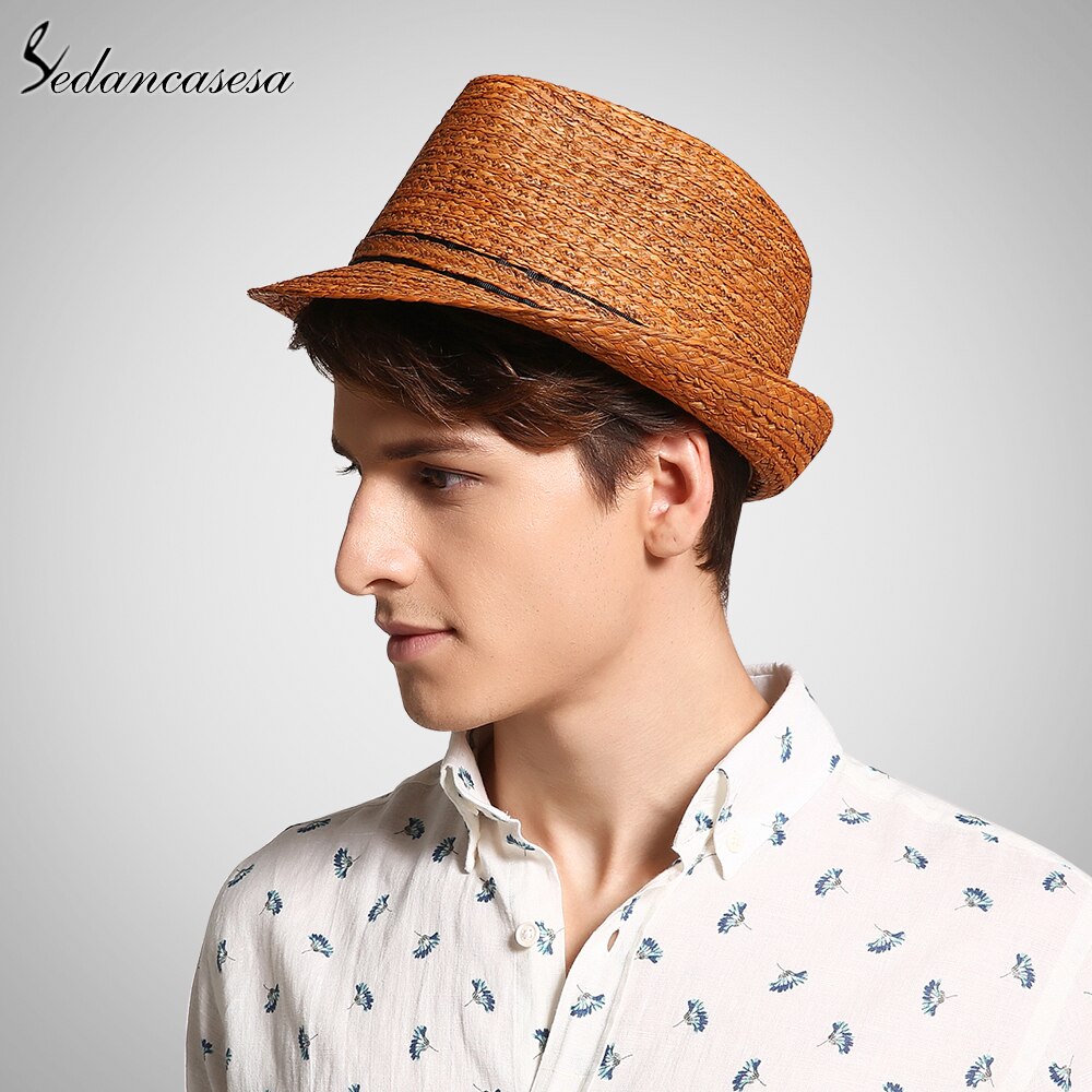 Classic men raffia straw hat summer UV protection sun hats for man fedora cap unisex beach cap trilby 57-59cm