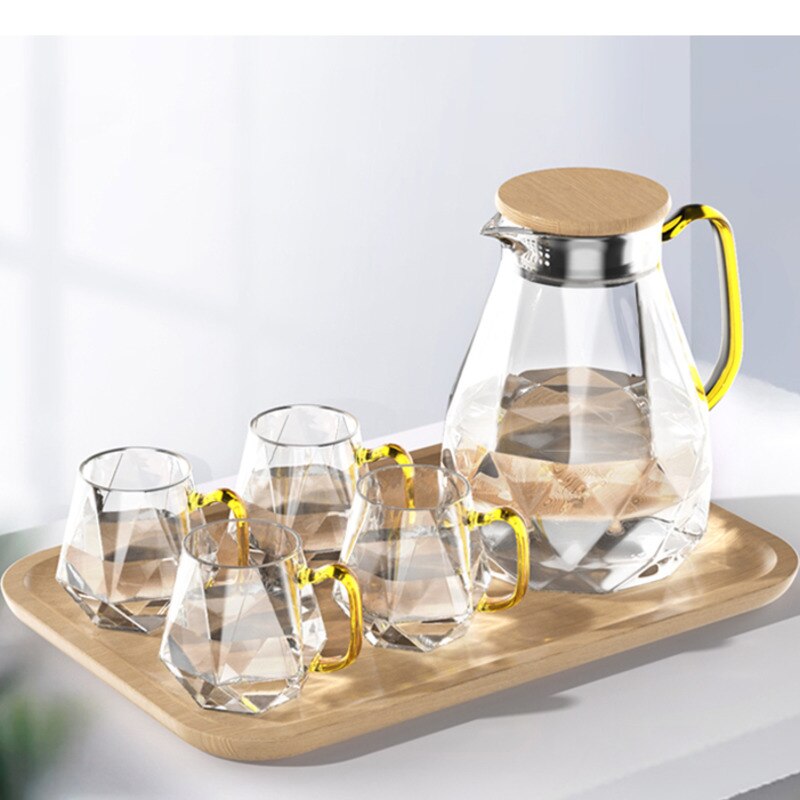 Diamant Patroon Glas Water Jug Transparante Home Karaf Warm Koud Water Pitcher Hittebestendige Koffie Theepot Met Bamboe Houten Deksel