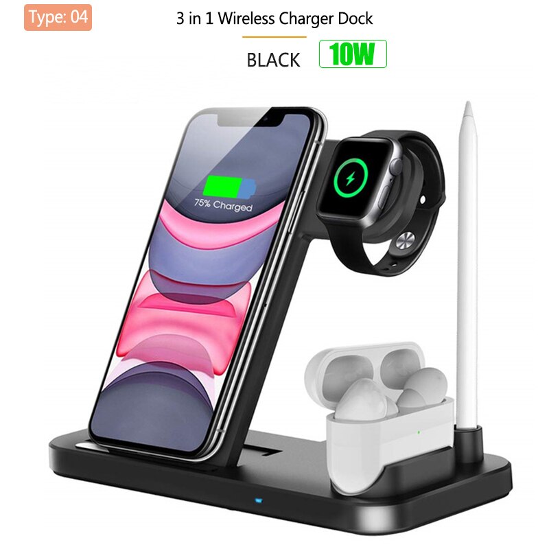 4in1 Qi Wireless Charge Station Foldable Base 15W Fast Wireless Charging for Samsung S20 S10 Huawei Apple iWatch 5 4 3 Airpods 2: T4 10W Charge Black