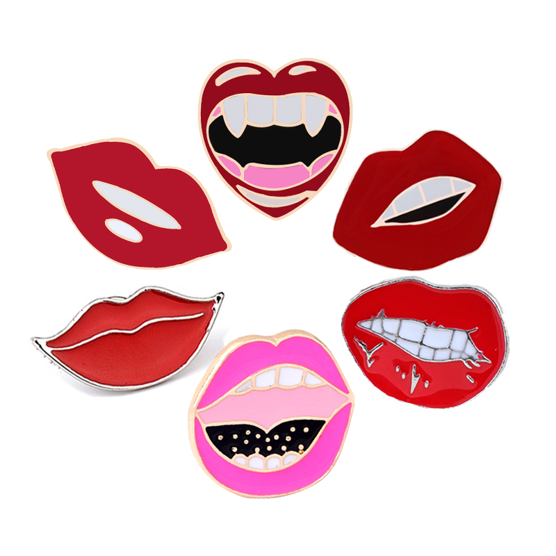 Udvalg af røde læber emalje brocher romantisk sexet mund revers nåler jakker rygsæk badge vintage smykker til kvinder