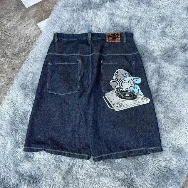 Y2K Jeans hombres mujeres Hip Hop dibujos animados gráficos ropa de calle Retro Patchwork Denim corto Retro azul suelto Denim Fitness pantalones cortos casuales: M / Azul