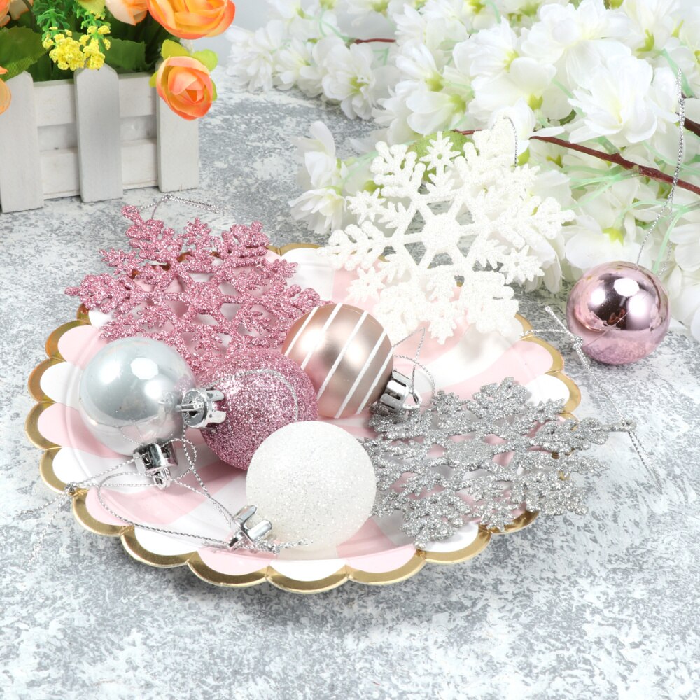 24Pcs Zilver Roze Sneeuwvlok Vormige Set Kerstversiering Bal Sneeuwvlok Hanger Set Sneeuwvlok Ornament