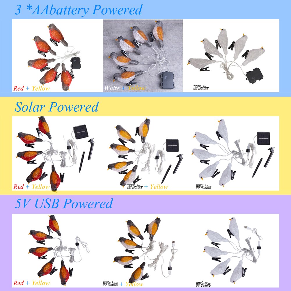 Bird Led String Light Robin Acrylic Mockingbird Solar USB Battery Powered 5 LED Garland Lights Fairy String with Clip Decoration