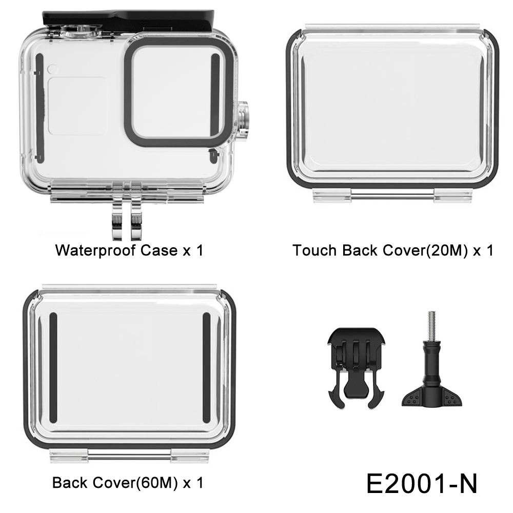 Funda impermeable de 30m para GoPro Hero 8, carcasa para buceo, cubierta protectora de buceo, montaje para para cámara, accesorios de color negro, impermeable hasta 60m: E2001-N