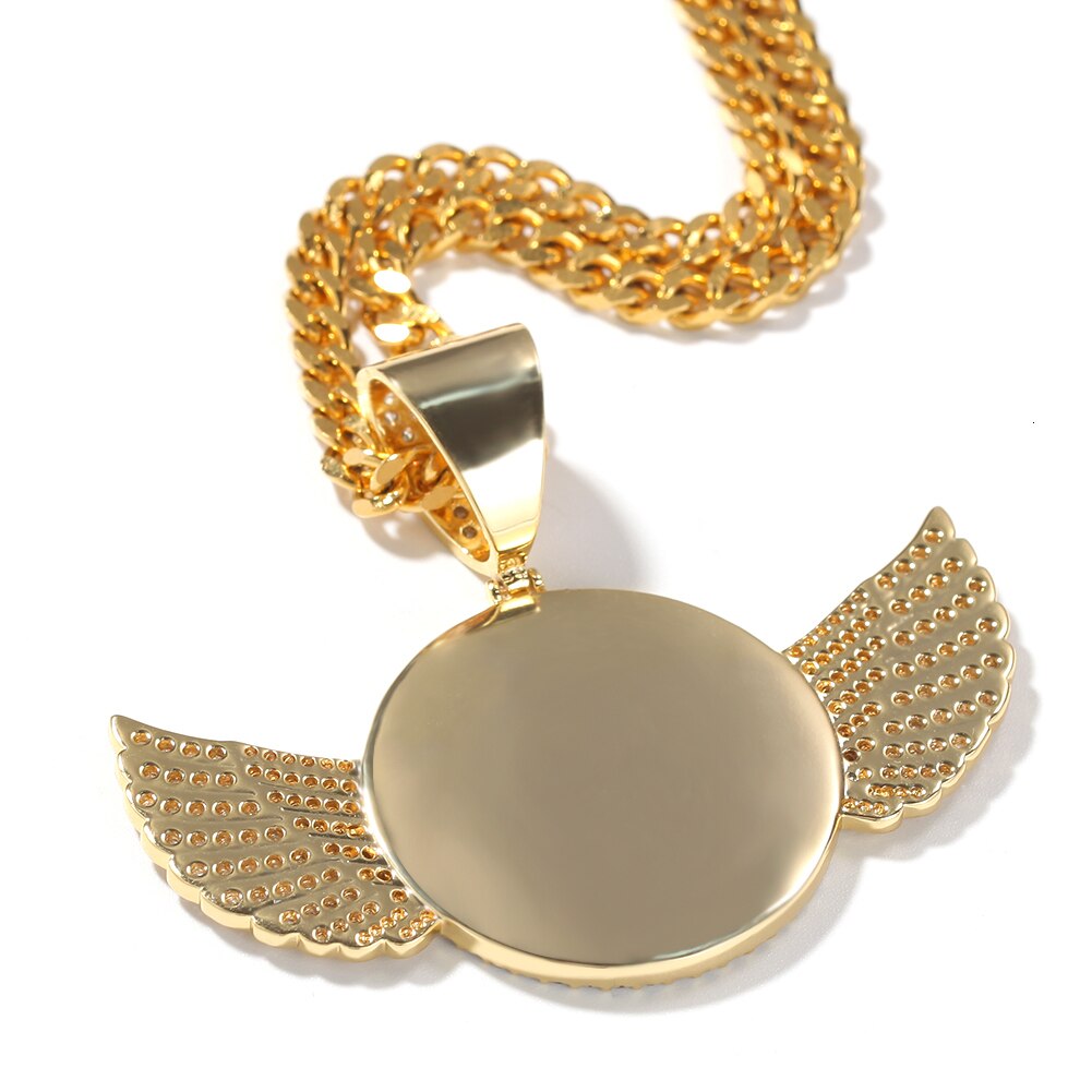 THE BLING KING Cubic Zirconia Made Photo Pendant Necklace Soild Back Full Iced Out Wing Round Tag Hiphop Jewelry