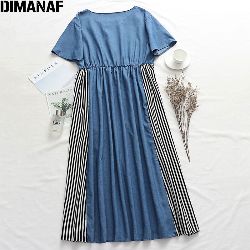 Dimanaf de verano vestido de mujer de gran tamaño a rayas con empalme plisado Vestidos de señora Casual suelto de talla grande ropa femenina vestido de verano: XXL