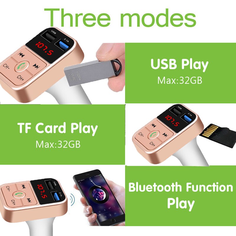 2 Usb Autolader Bluetooth Mobiele Telefoon Opladen Adapter Handsfree Fm-zender Voltage Display Autolader Voor Iphone Xiaomi