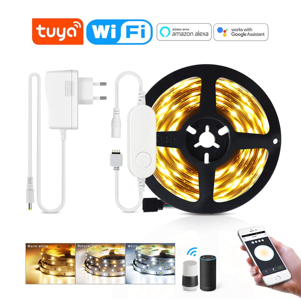 Tuya  dc12v wifi cct smart led strip stemme app kontrol 5m dæmpbar baggrundsbelysning led lampe tape kompatibel alexa / echo / google home