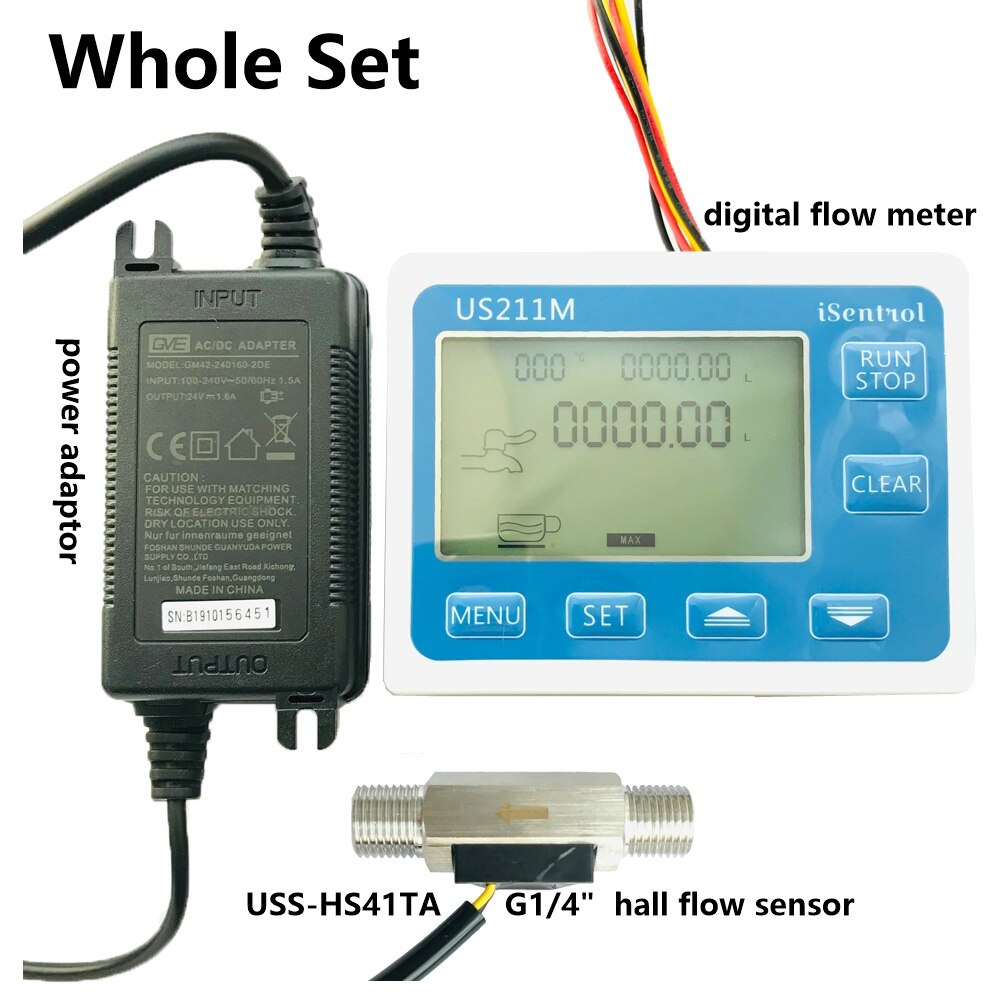 US211M Digital Flow meter Display with USS-HS41TA SUS304 Flow Meter Totalizer Flow Measurement 0.3-3.5L/min Range G1/4" thread