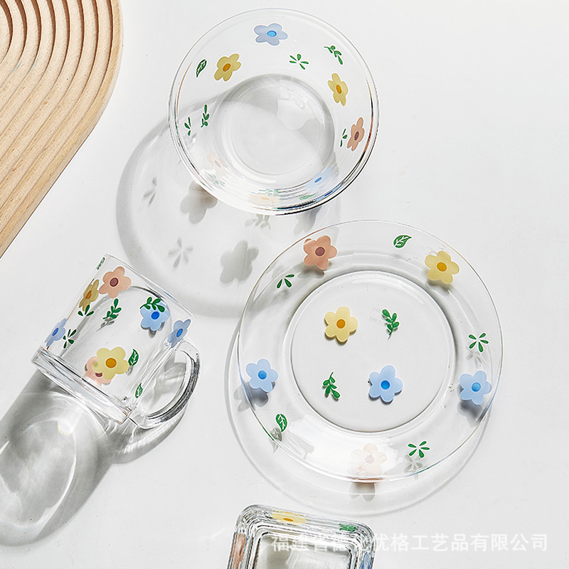 Assiette en verre de fleur cassée, ensemble de vaisselle, tasse de lait de ménage coréen, bassin à Dessert, jolie fille, petite assiette de fruits dîner