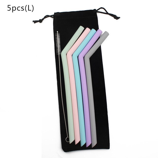 Food grade silicone straw drinking straws Reusable silicone straw FDA certification Environmental protection bar accessories: 5pcs large Bent pipe