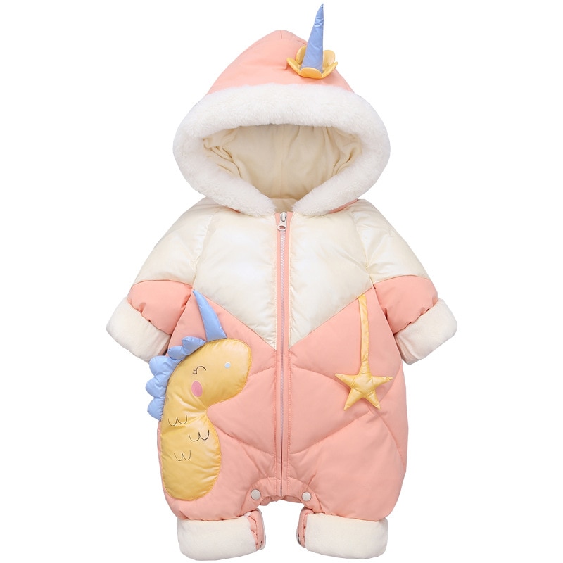 Olekid plus sammet vinter baby flicka romper tecknad dinosaurie huva nyfödd dunoverall kappa småbarn flicka jumpsuit snödräkt