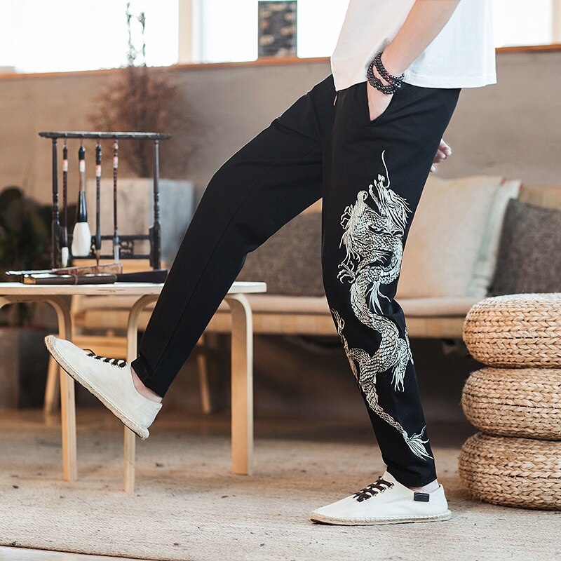 Men Casual Chinese Style Pants Dragon Embroidery Loose Trousers Summer Japanese Elastic Waist Harem Pants Streetwear