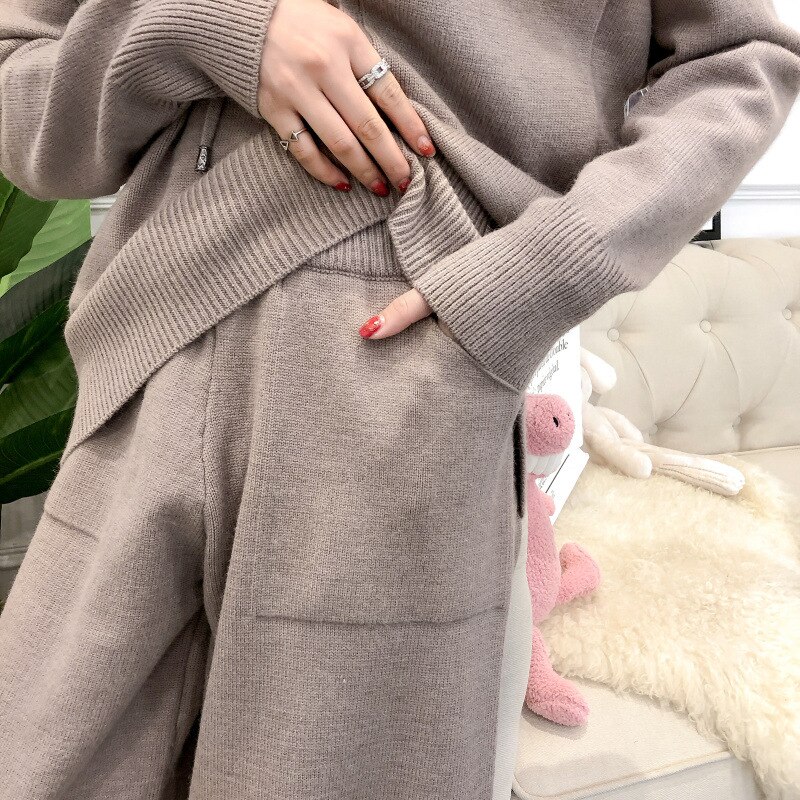 Women's Two Piece Hooded Sweater Spring Autumn Clothes Loose Wool Wide Leg Pants Casual Knitting Sport Suit