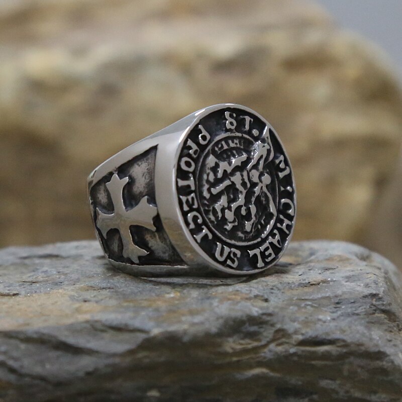 Personality Cross St. Michael Signet Ring Men Boys Stainless Steel Good Lucky Talisman Religious Biker Ring Jewelry