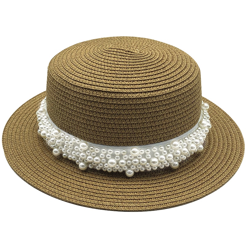 Chapéu de palha feminino chapéu panamá estilo cappelli lado com pérola praia balde boné menina topee 2020 verão chapéu de sol liso para mulher