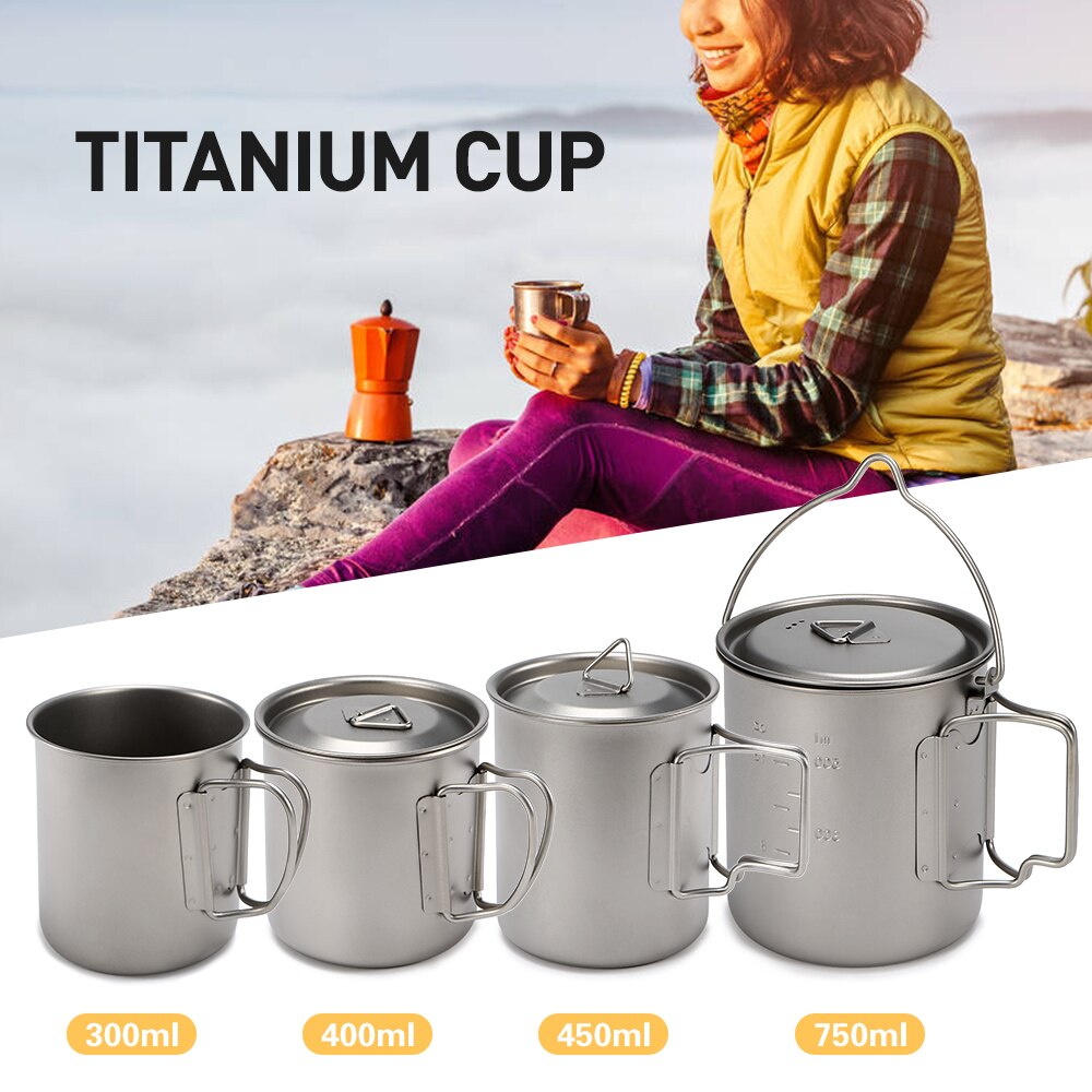 Ultrakevyt titaanikuppi ulkokäyttöön kannettava muki retkeilytarvikkeet piknik-vesikuppi taitettavalla kahvalla 300ml/ 400ml / 450ml / 750ml