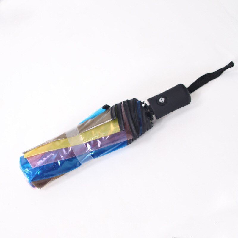 Transparent Plasstic Three Fold Women Rain Umbrella Automatic Rainbow Umbrellas For Girls Kids Outdoor Hiking Windproof Parosal: Black Automatic