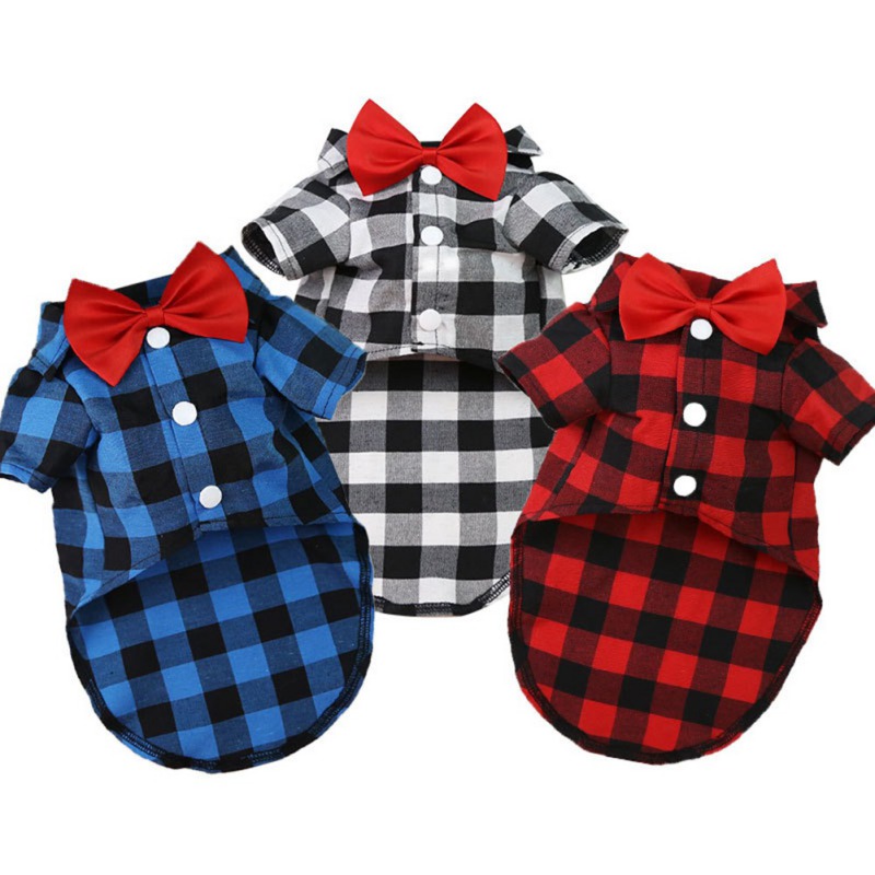 Costume à carreaux avec nœud papillon pour chien, T-Shirt d'été à manches courtes pour petit et moyen gabarit, Costume de mariage pour chiot