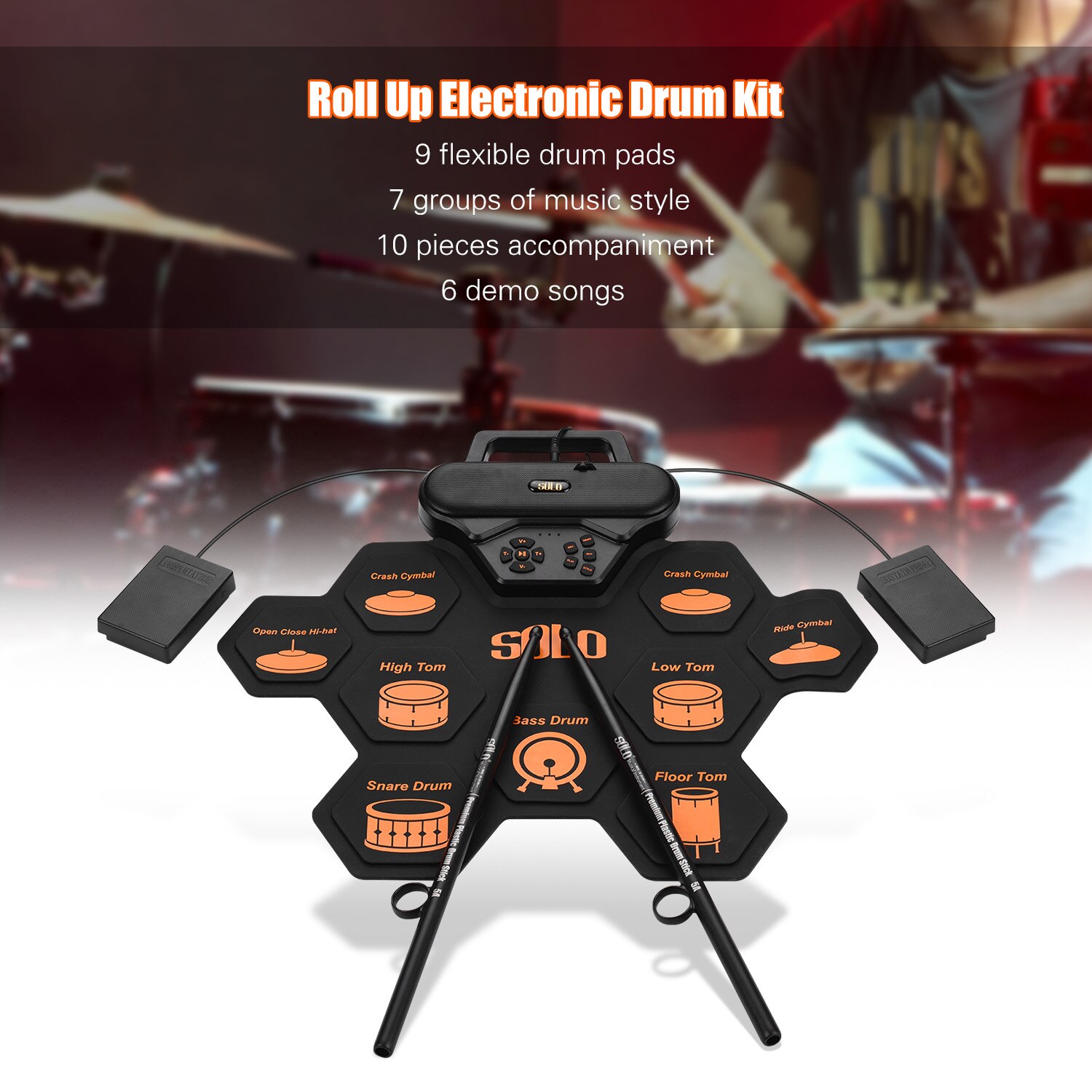 SOLO SD-50 Portable Electronic Drum Pad Digital Silicone Roll-Up Drum Practice Kit 9 Labeled Pads 2 Foot Pedals